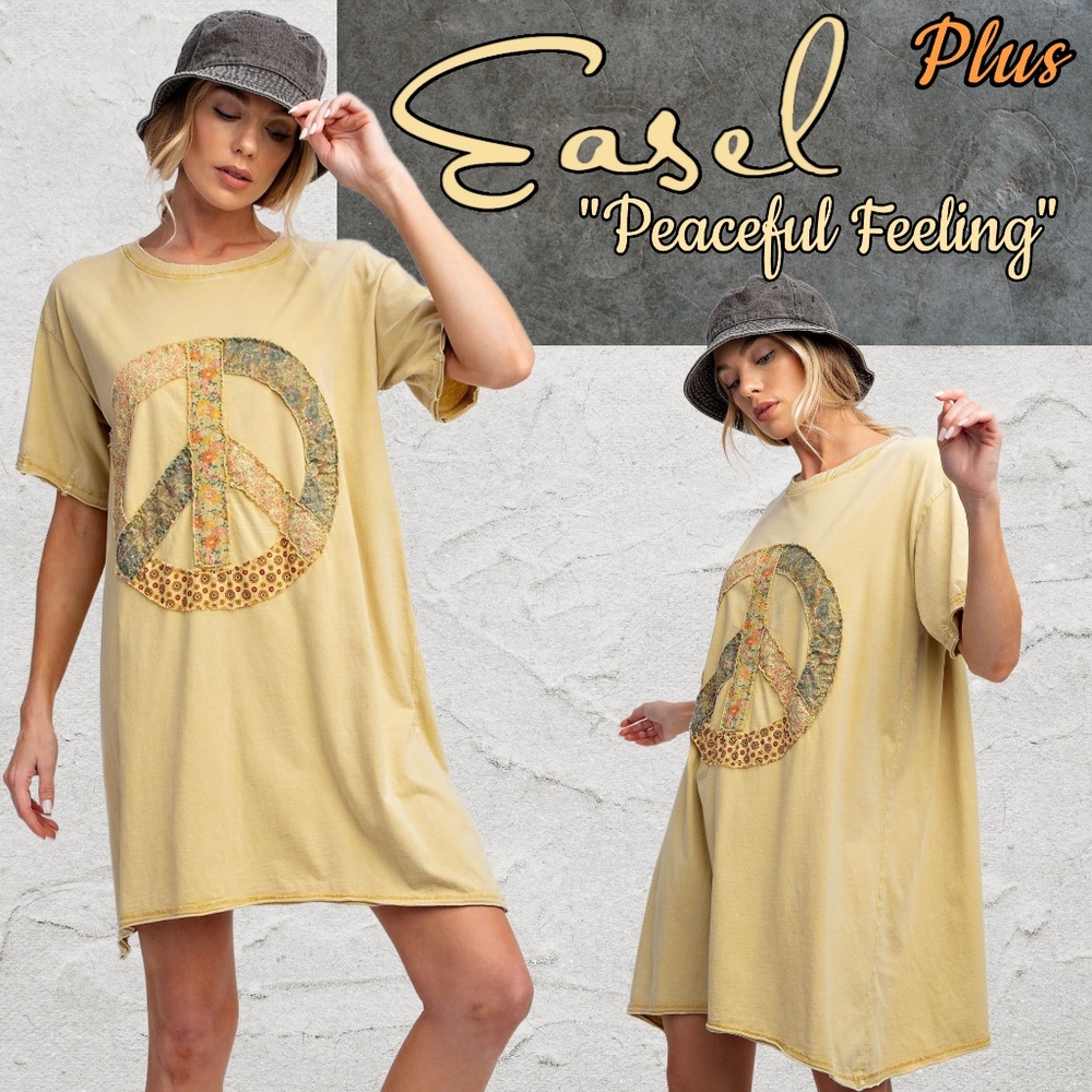 EASEL “Peaceful Feeling” Mineral Washed Cotton Tunic Tee-Dress Detailed Pockets